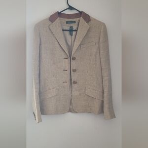 Ralph by Ralph Lauren Linen w leather trimmed collar blazer size 6 color tan